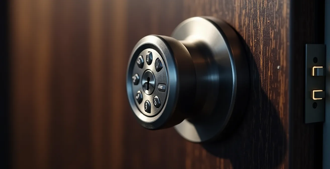 Gros plan sur une serrure électronique moderne avec clavier numérique sur une porte d'appartement