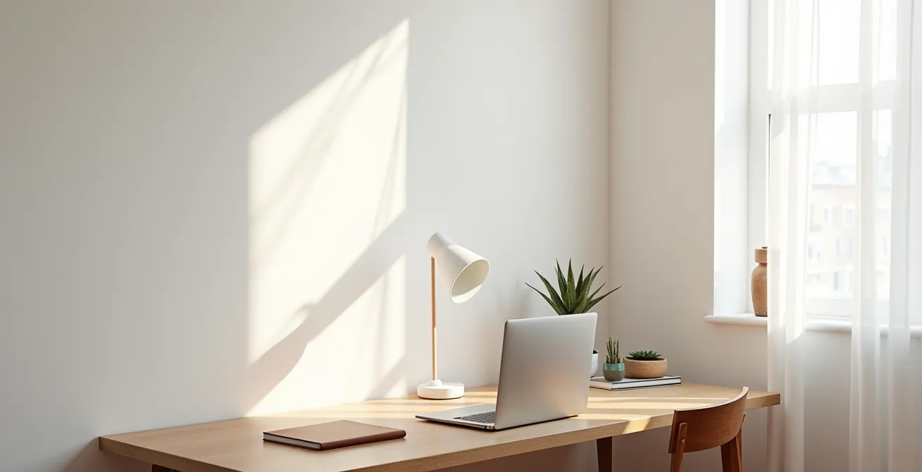Espace de travail épuré dans un appartement avec bureau en bois et lumière naturelle