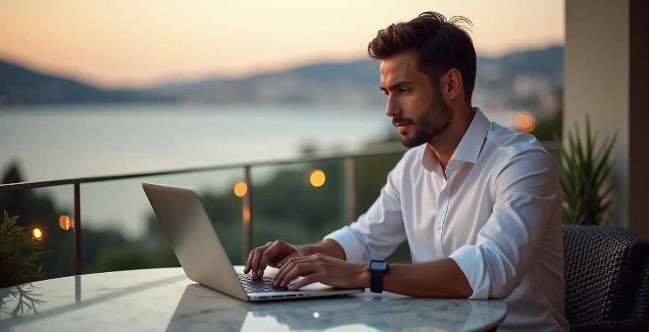 Homme d'affaires en chemise travaillant sur son ordinateur portable depuis une terrasse privée avec vue sur la baie de Cannes