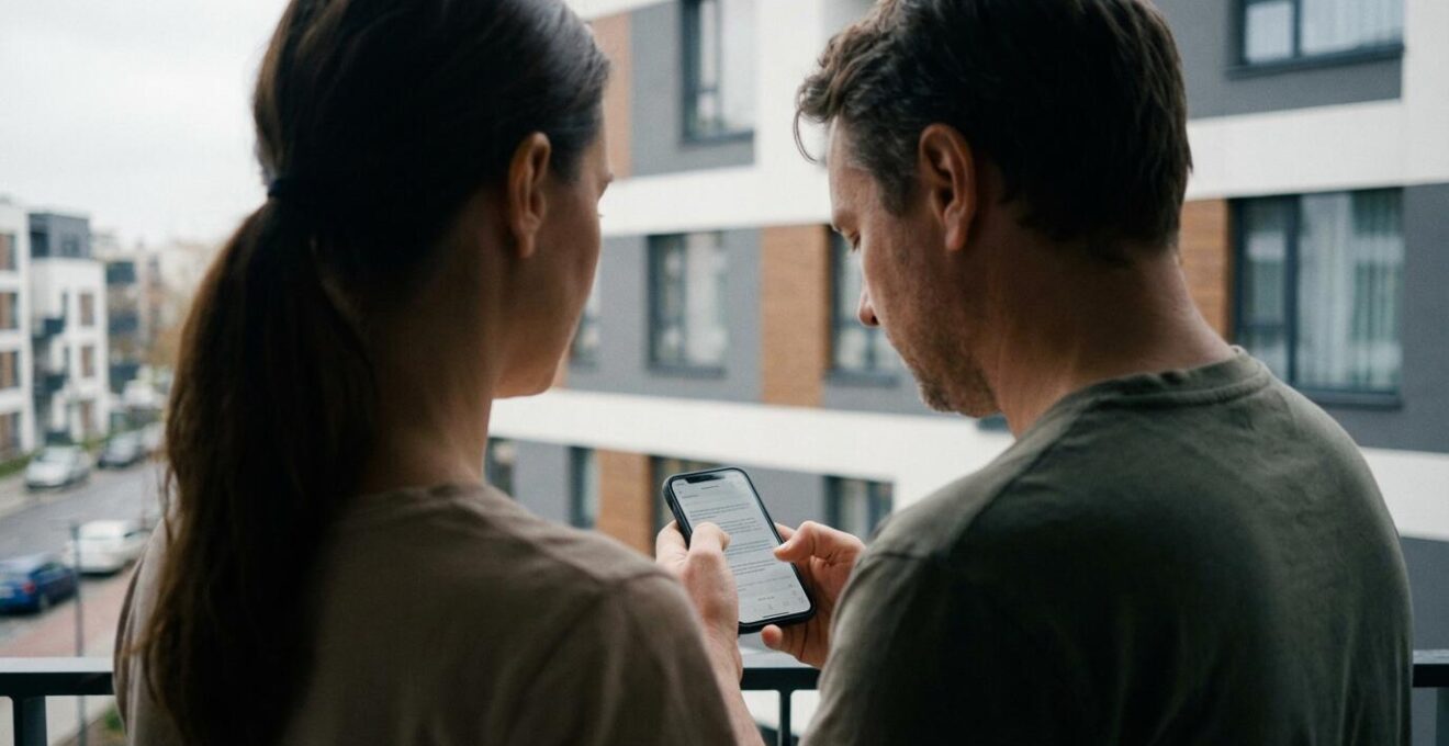 Personne consultant les prix immobiliers sur smartphone devant un immeuble