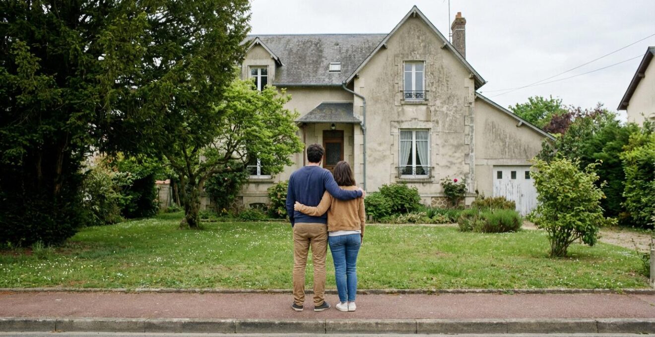 Couple observant une maison dans un quartier résidentiel français pour estimer le prix immobilier