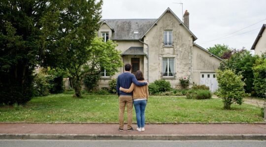 Couple observant une maison dans un quartier résidentiel français pour estimer le prix immobilier
