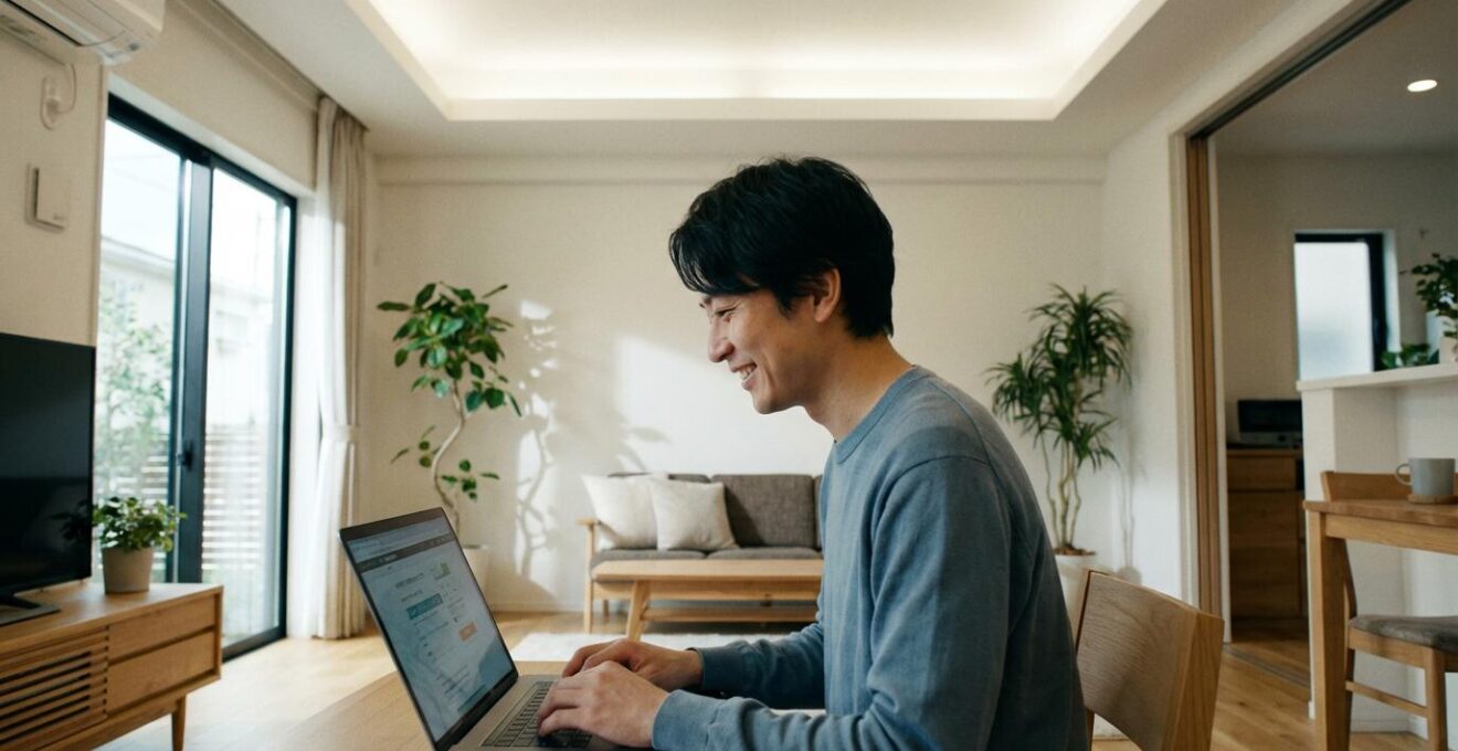 Personne utilisant un outil d'estimation immobilière en ligne dans son salon