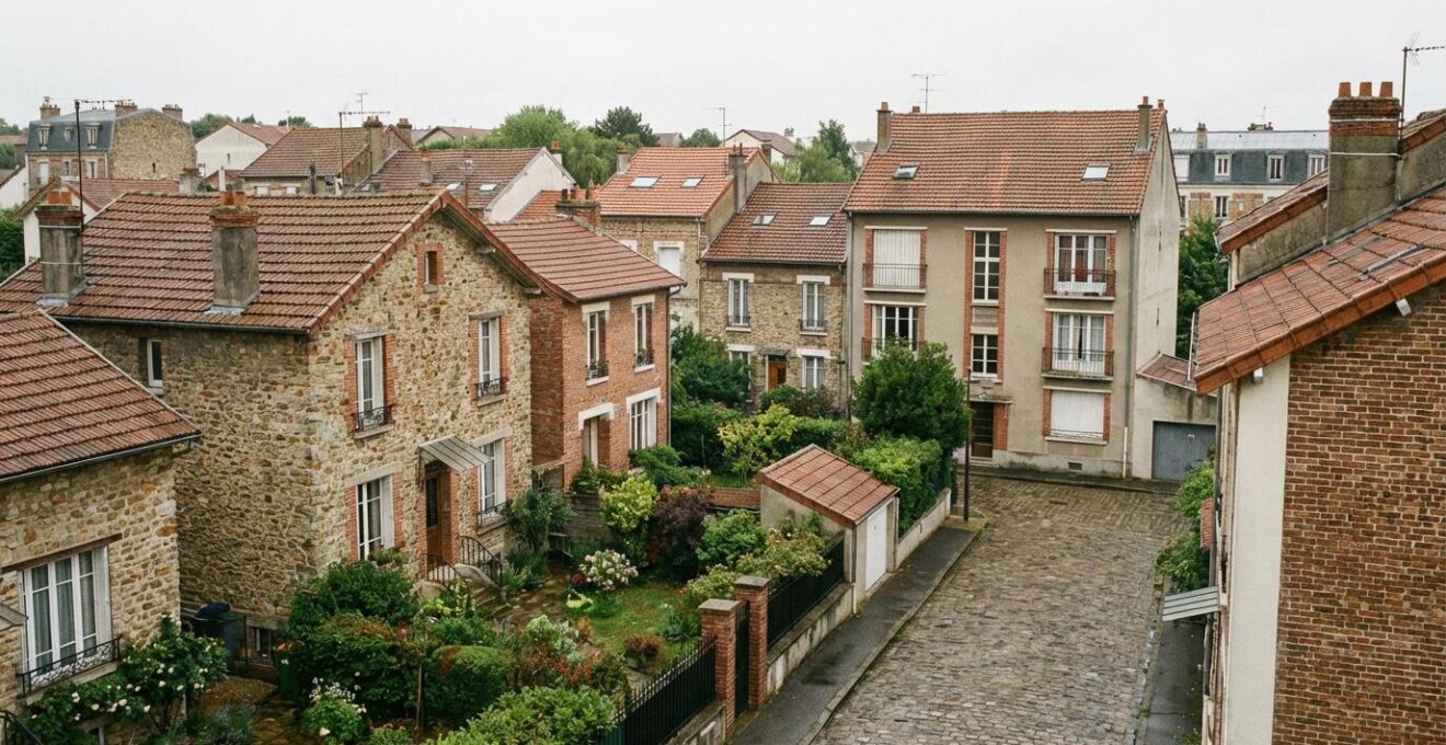 Vue sur quartier résidentiel français montrant la diversité des biens immobiliers