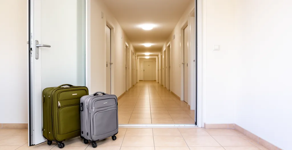 Entrée d'appartement de vacances avec valises posées et personne ouvrant les volets