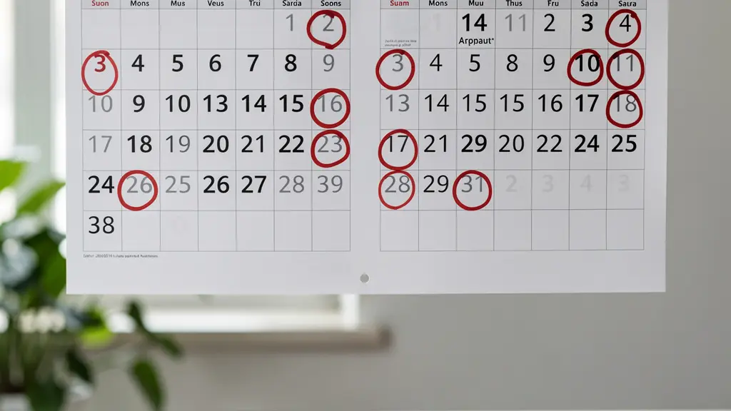Calendrier mural avec dates de vacances été entourées pour planifier la réservation