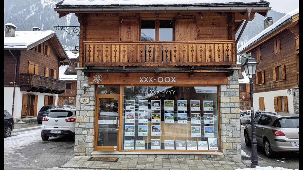 Devanture agence immobilière locale dans village montagne avec affichage biens