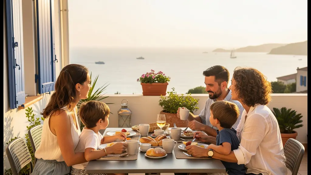 Famille profitant du petit-déjeuner sur terrasse avec vue mer en location de vacances