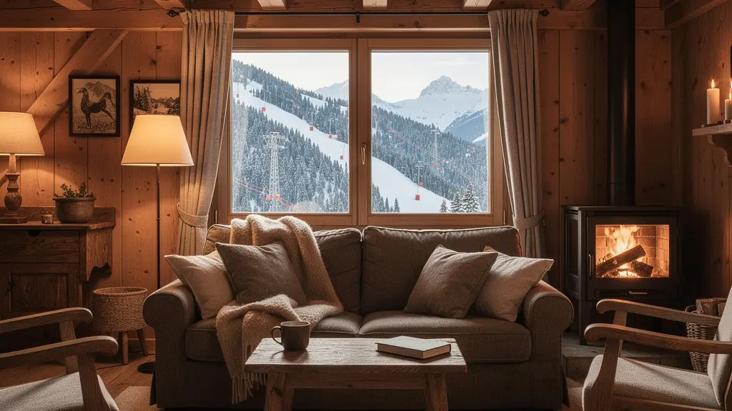 Salon chaleureux appartement montagne avec vue sur pistes depuis fenêtre