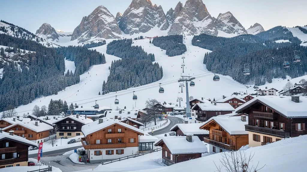 Vue panoramique du massif des Aravis avec chalets traditionnels enneigés et remontées mécaniques
