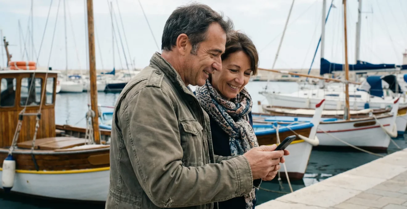 Deux personnes consultant une annonce de location sur smartphone au port du Grau-du-Roi