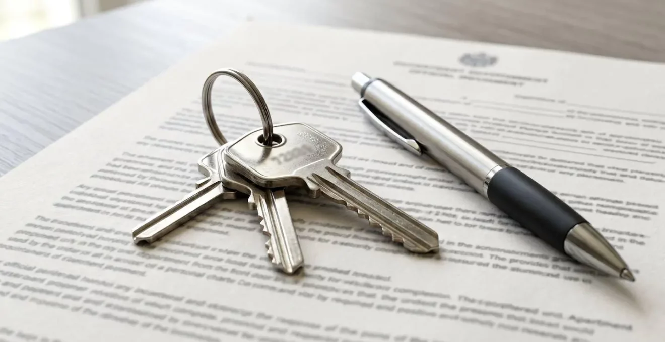 Gros plan sur un trousseau de clés d'appartement posé sur un document officiel, avec un stylo à côté, texture du papier visible en lumière naturelle
