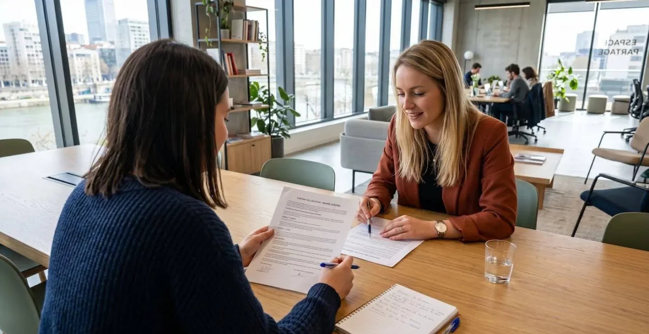 Un propriétaire et son locataire consultent ensemble un document de bail posé sur une table moderne, vus de trois-quarts dans un intérieur lumineux contemporain