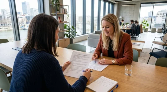 Un propriétaire et son locataire consultent ensemble un document de bail posé sur une table moderne, vus de trois-quarts dans un intérieur lumineux contemporain