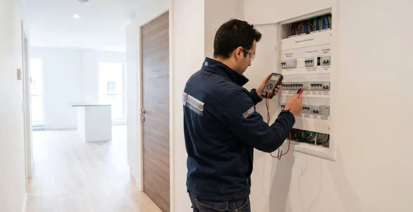 Technicien diagnostiqueur vu de dos inspectant un compteur électrique avec un appareil de mesure dans un appartement moderne lumineux