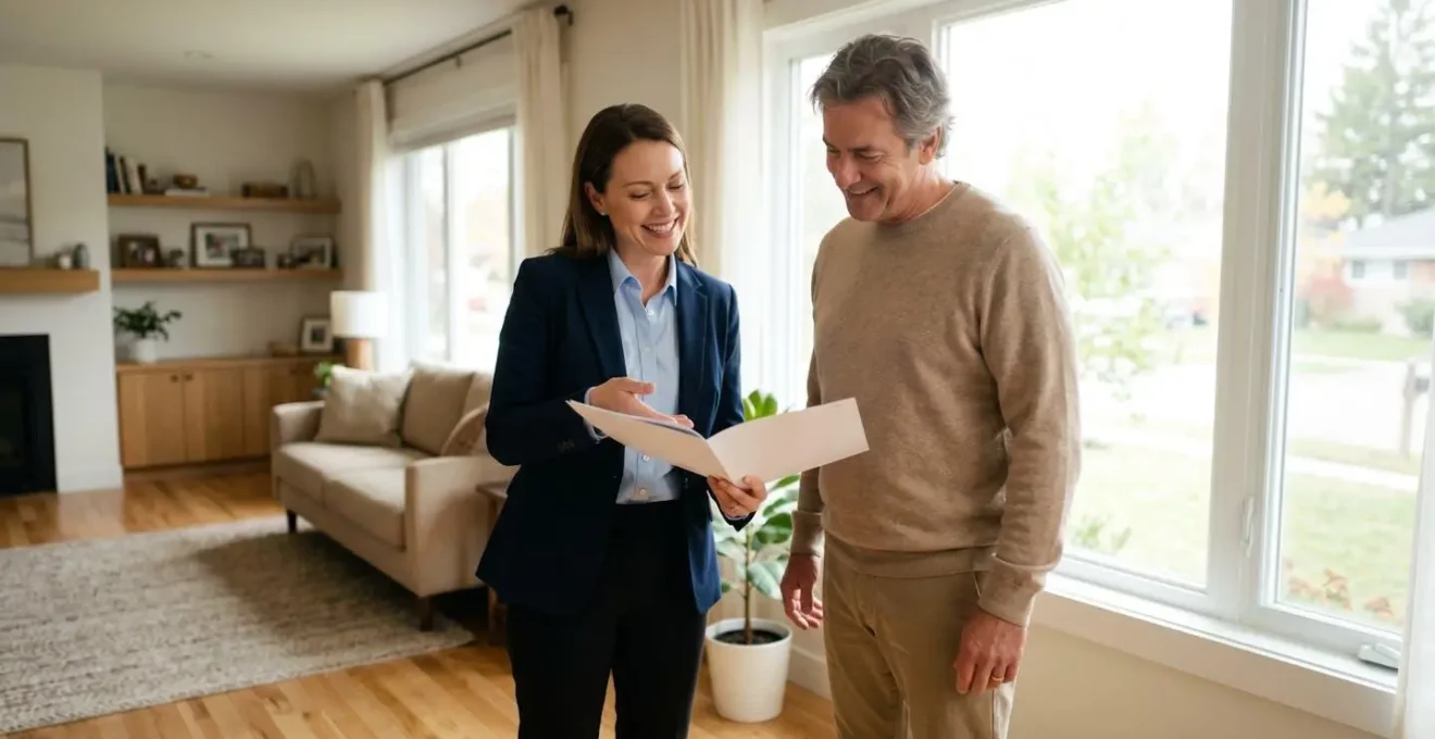 Un agent immobilier et un propriétaire discutant dans un salon lumineux, illustrant la visite terrain.