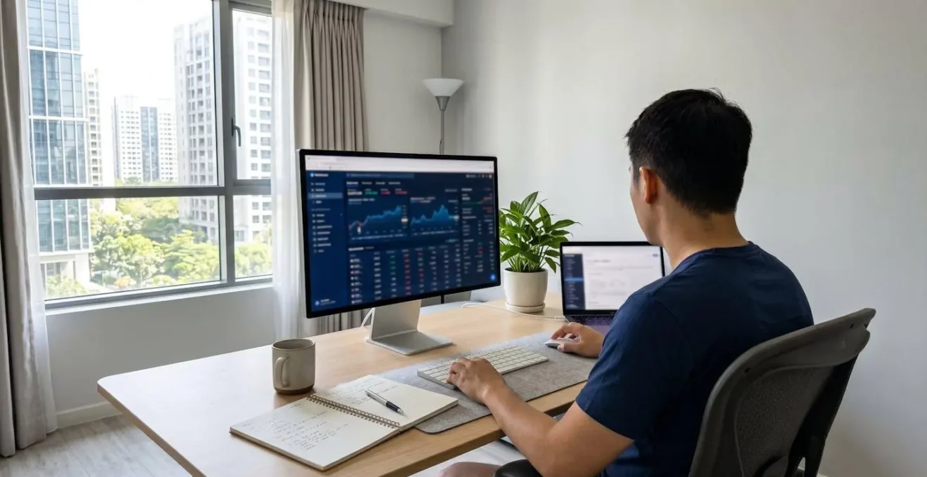 Bureau contemporain lumineux avec ordinateur affichant une interface de simulation financière, clavier et carnet posés sur une surface épurée