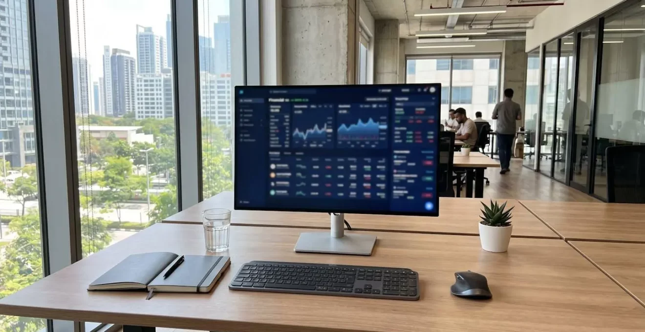 Bureau contemporain lumineux avec ordinateur affichant une interface de simulation financière, clavier et carnet posés sur une surface épurée
