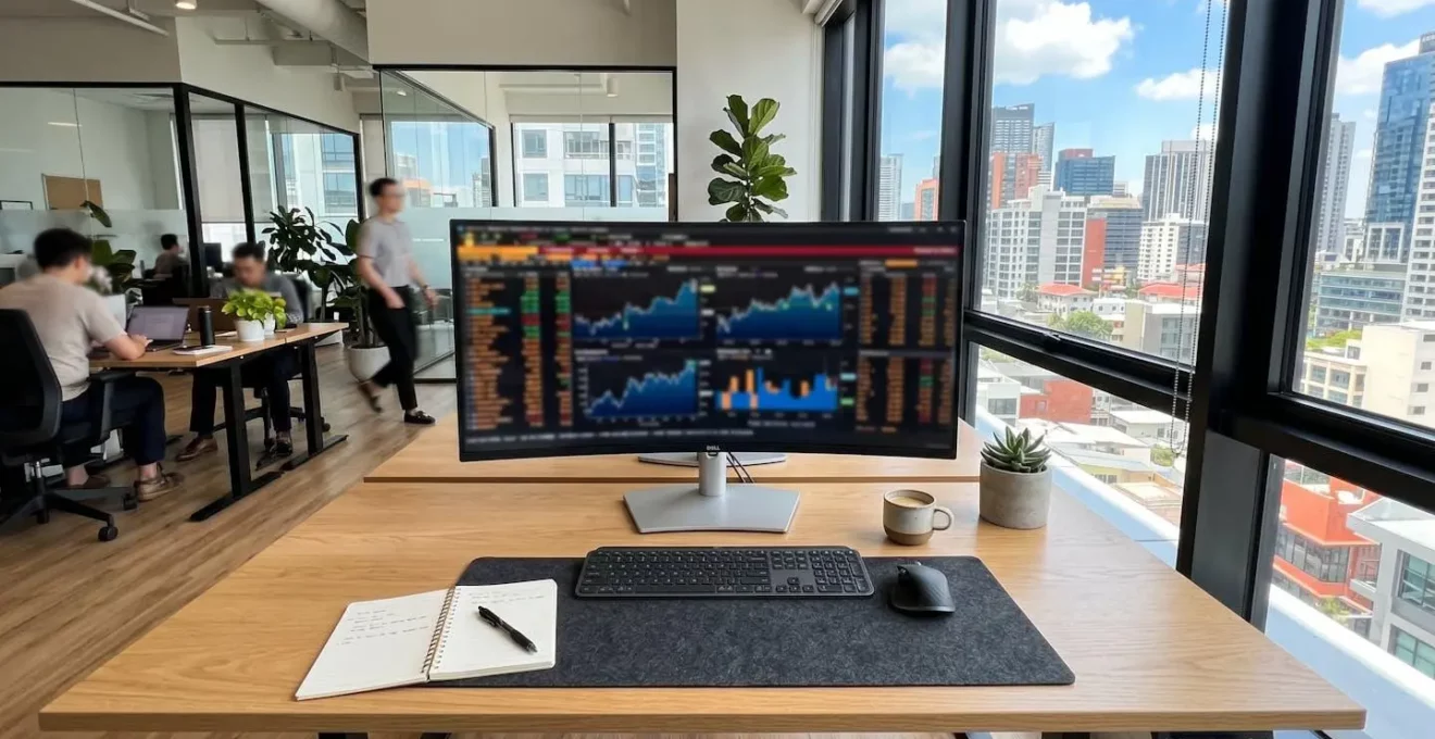 Bureau contemporain lumineux avec ordinateur affichant une interface de simulation financière, clavier et carnet posés sur une surface épurée