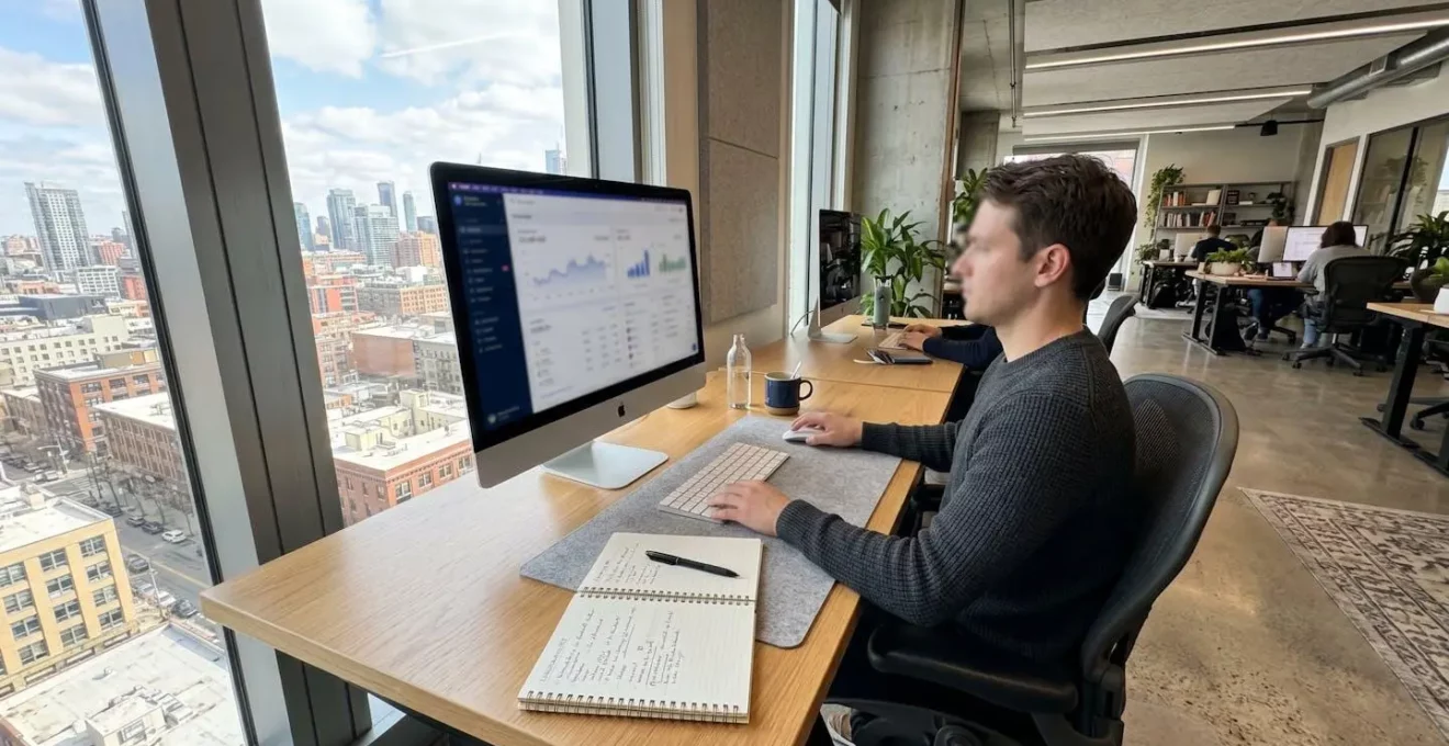 Bureau contemporain lumineux avec ordinateur affichant une interface de simulation financière, clavier et carnet posés sur une surface épurée