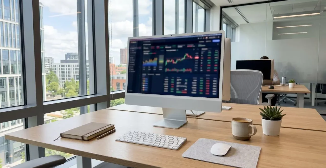 Bureau contemporain lumineux avec ordinateur affichant une interface de simulation financière, clavier et carnet posés sur une surface épurée