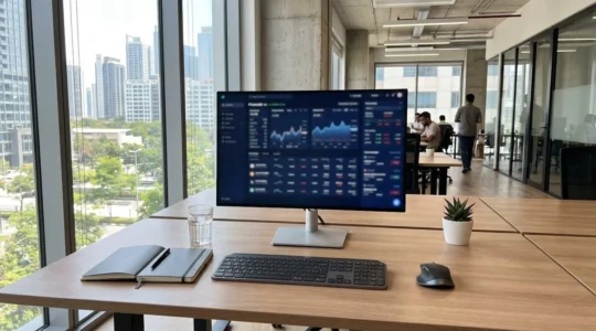 Bureau contemporain lumineux avec ordinateur affichant une interface de simulation financière, clavier et carnet posés sur une surface épurée