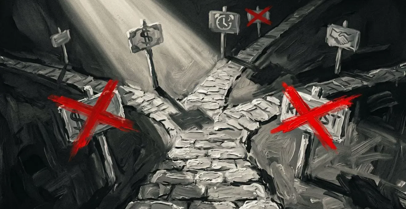 Un chemin se divisant avec des panneaux indicateurs barrés, symbolisant les erreurs à éviter dans l'estimation.