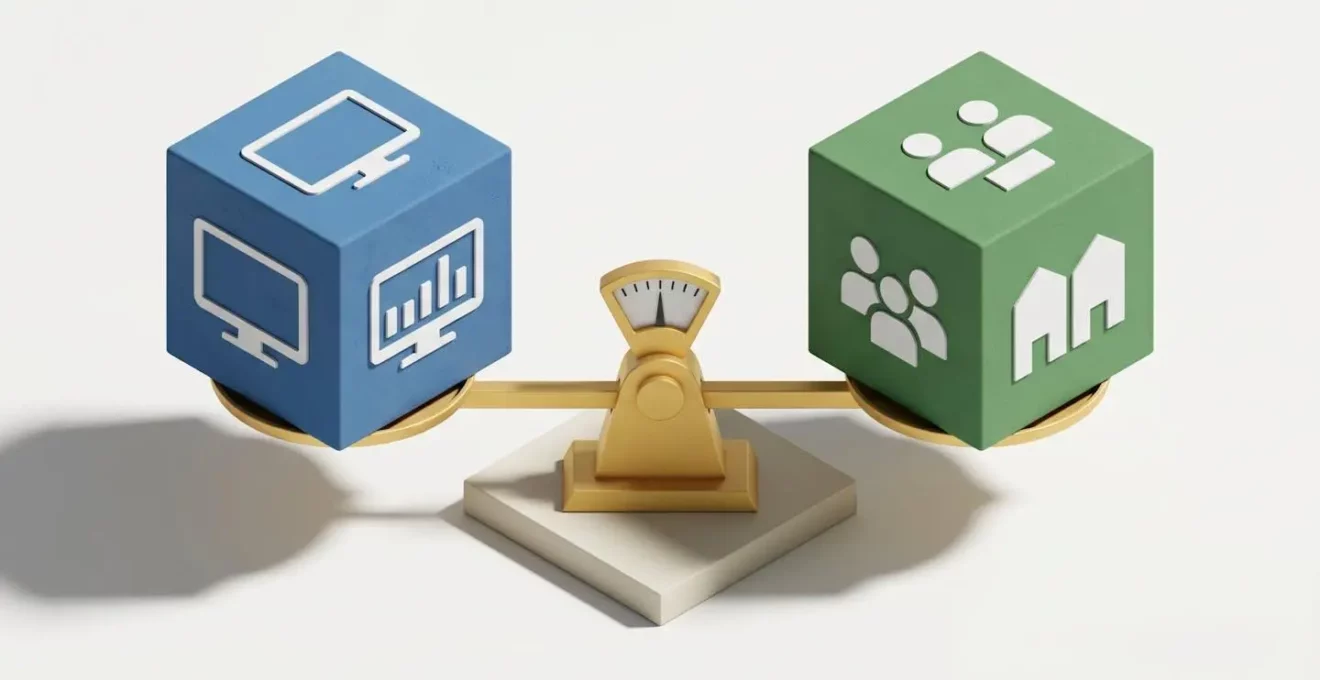 Deux cubes géométriques représentant l'estimation en ligne et la visite terrain, reliés par une balance.