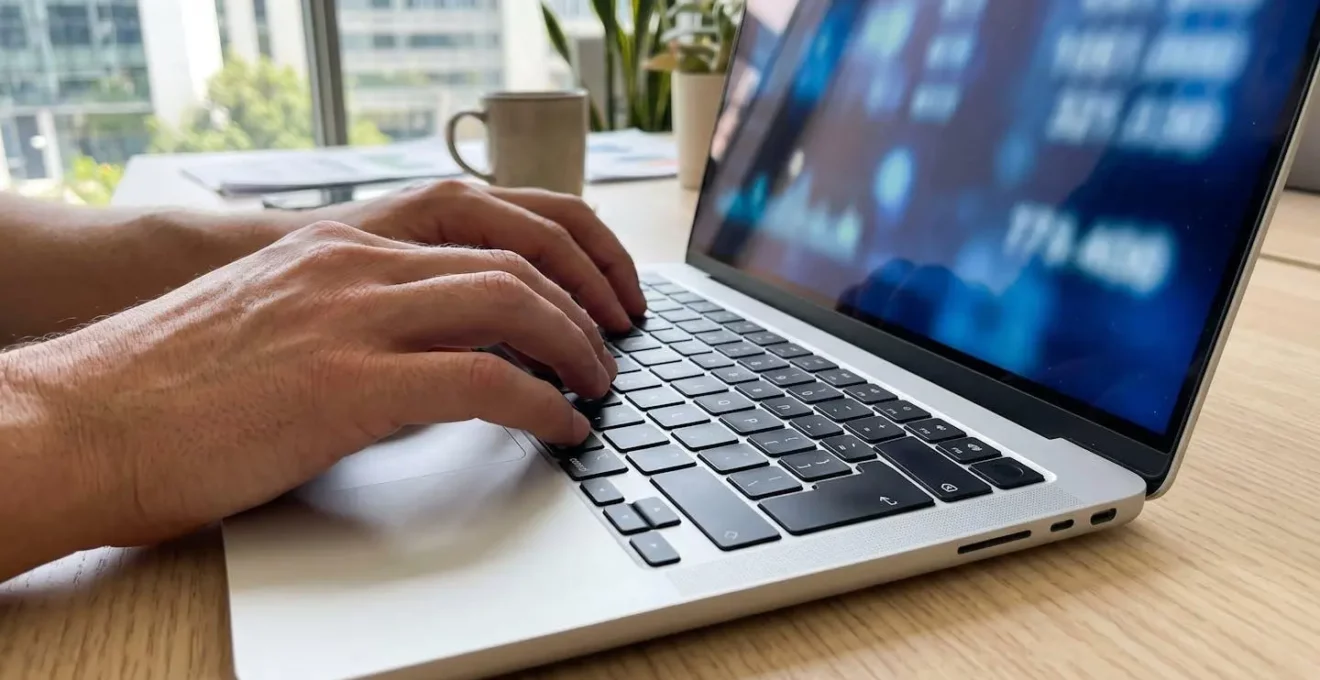 Gros plan sur des mains tapant sur un clavier d'ordinateur portable moderne, avec en arrière-plan flouté un écran affichant des chiffres