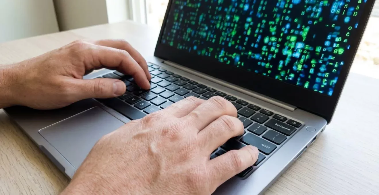 Gros plan sur des mains tapant sur un clavier d'ordinateur portable moderne, avec en arrière-plan flouté un écran affichant des chiffres