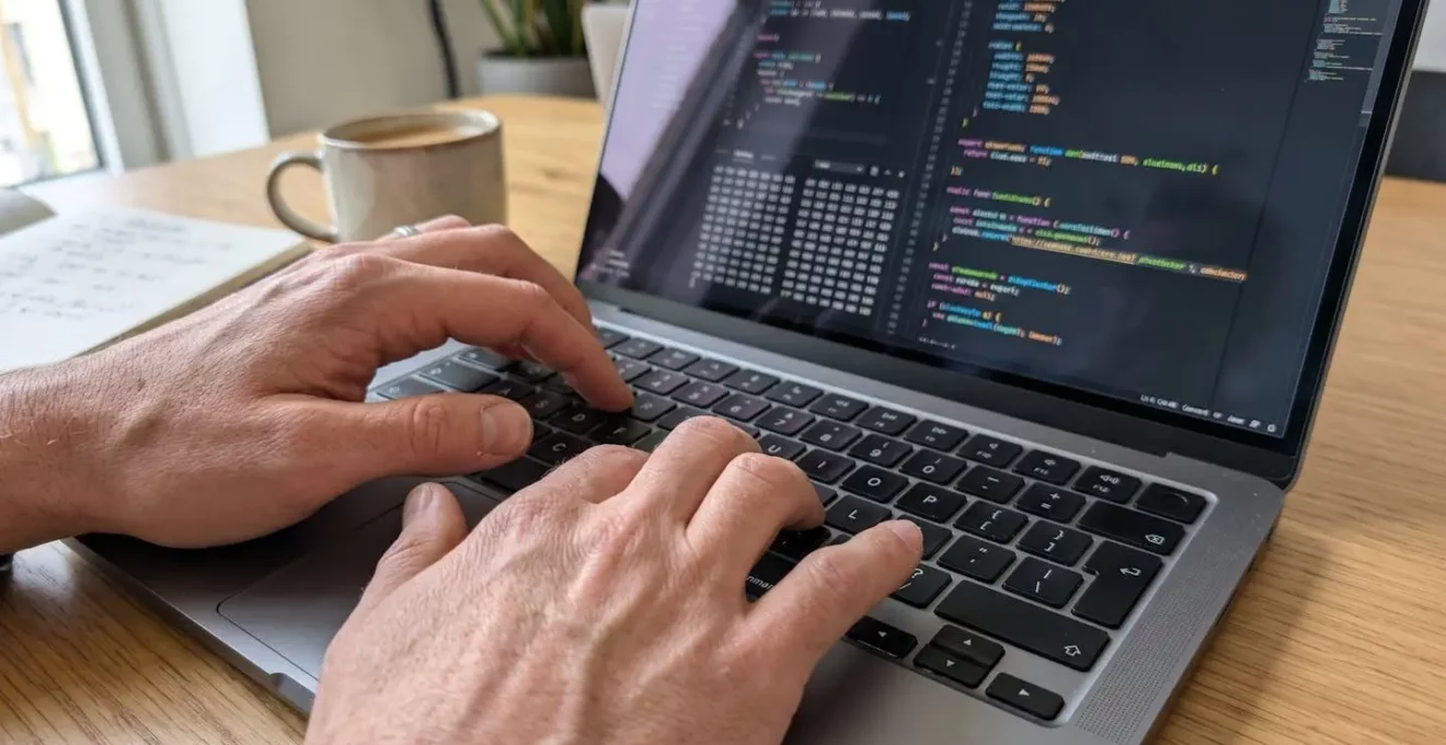 Gros plan sur des mains tapant sur un clavier d'ordinateur portable moderne, avec en arrière-plan flouté un écran affichant des chiffres