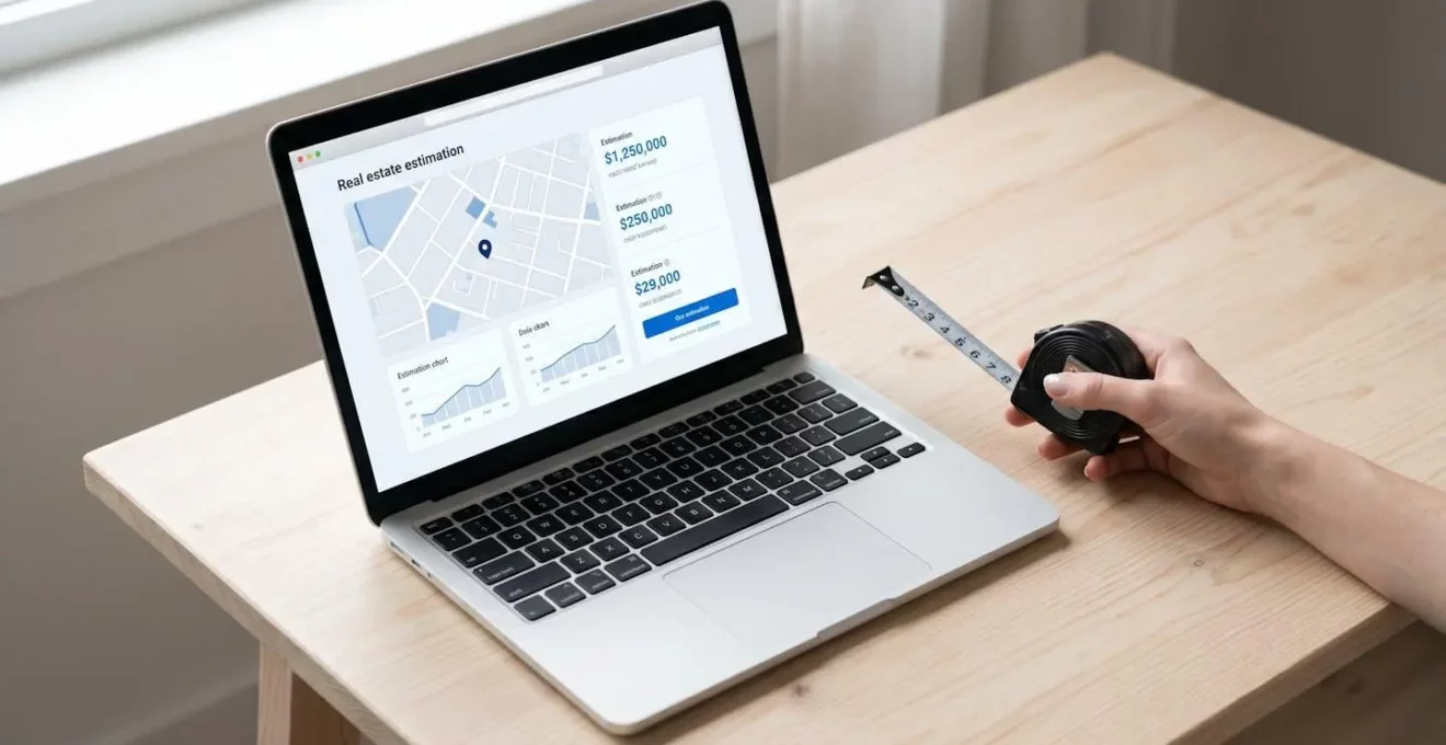 Un ordinateur portable affichant une estimation immobilière à côté d'un mètre ruban, symbolisant la comparaison entre outil numérique et mesure physique.