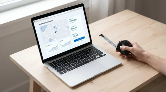 Un ordinateur portable affichant une estimation immobilière à côté d'un mètre ruban, symbolisant la comparaison entre outil numérique et mesure physique.