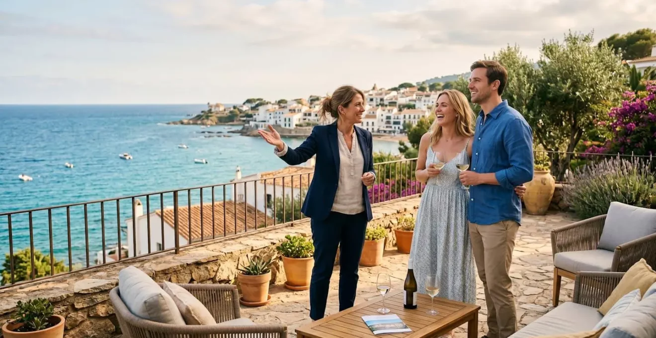 Agent immobilier présentant une propriété littorale à un couple d'acheteurs sur une terrasse ensoleillée, ambiance professionnelle et détendue
