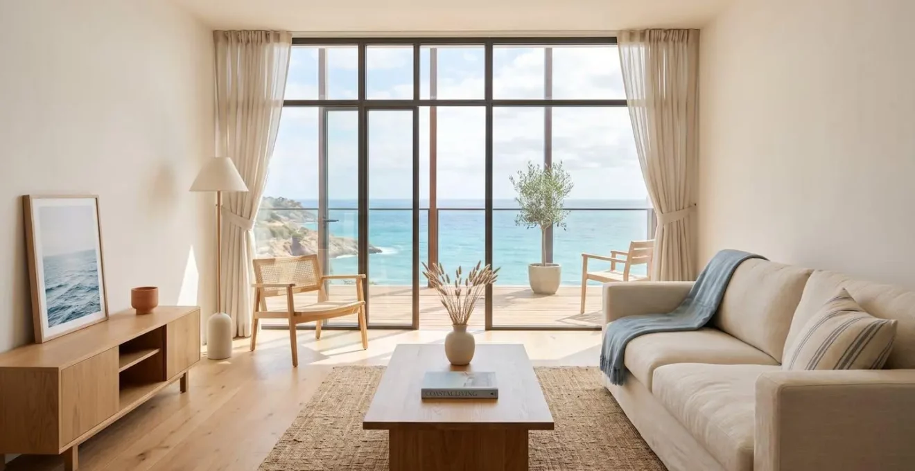 Séjour lumineux d'un appartement côtier avec vue sur jardin, décoration épurée et lumière naturelle pour mise en valeur immobilière