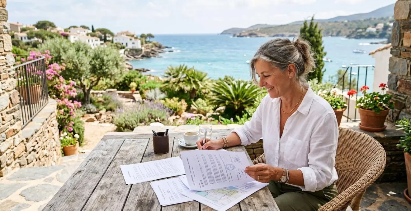 Propriétaire devant une villa ensoleillée au bord de la mer, étudiant des documents de vente sur une terrasse