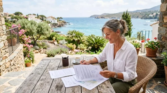 Propriétaire devant une villa ensoleillée au bord de la mer, étudiant des documents de vente sur une terrasse
