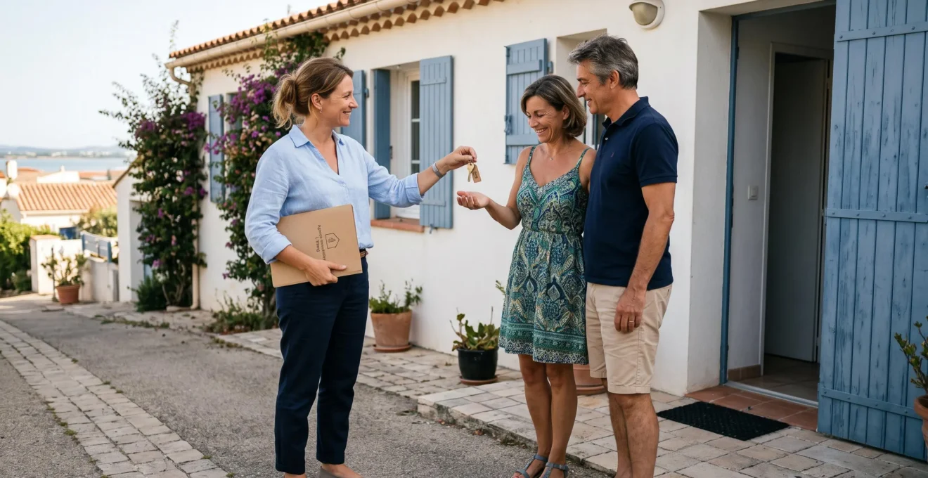 Agent immobilier local remettant les clés d'un logement à des clients devant une résidence à Balaruc-les-Bains