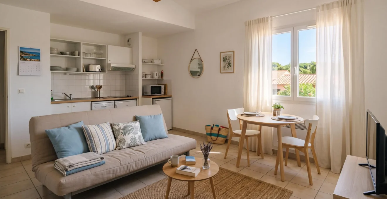 Intérieur d'un studio meublé pour location saisonnière à Balaruc-les-Bains avec espace de vie fonctionnel