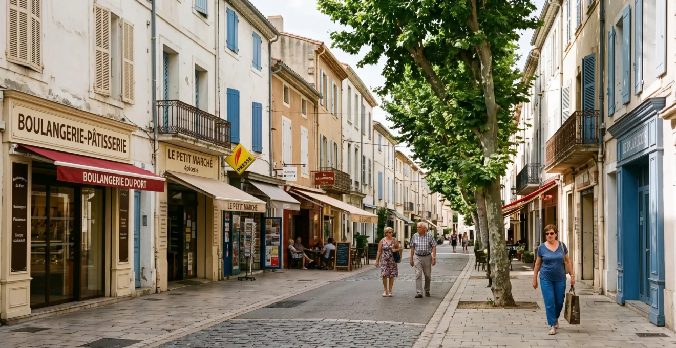 Rue piétonne du centre-ville de Balaruc-les-Bains avec commerces de proximité et architecture méditerranéenne
